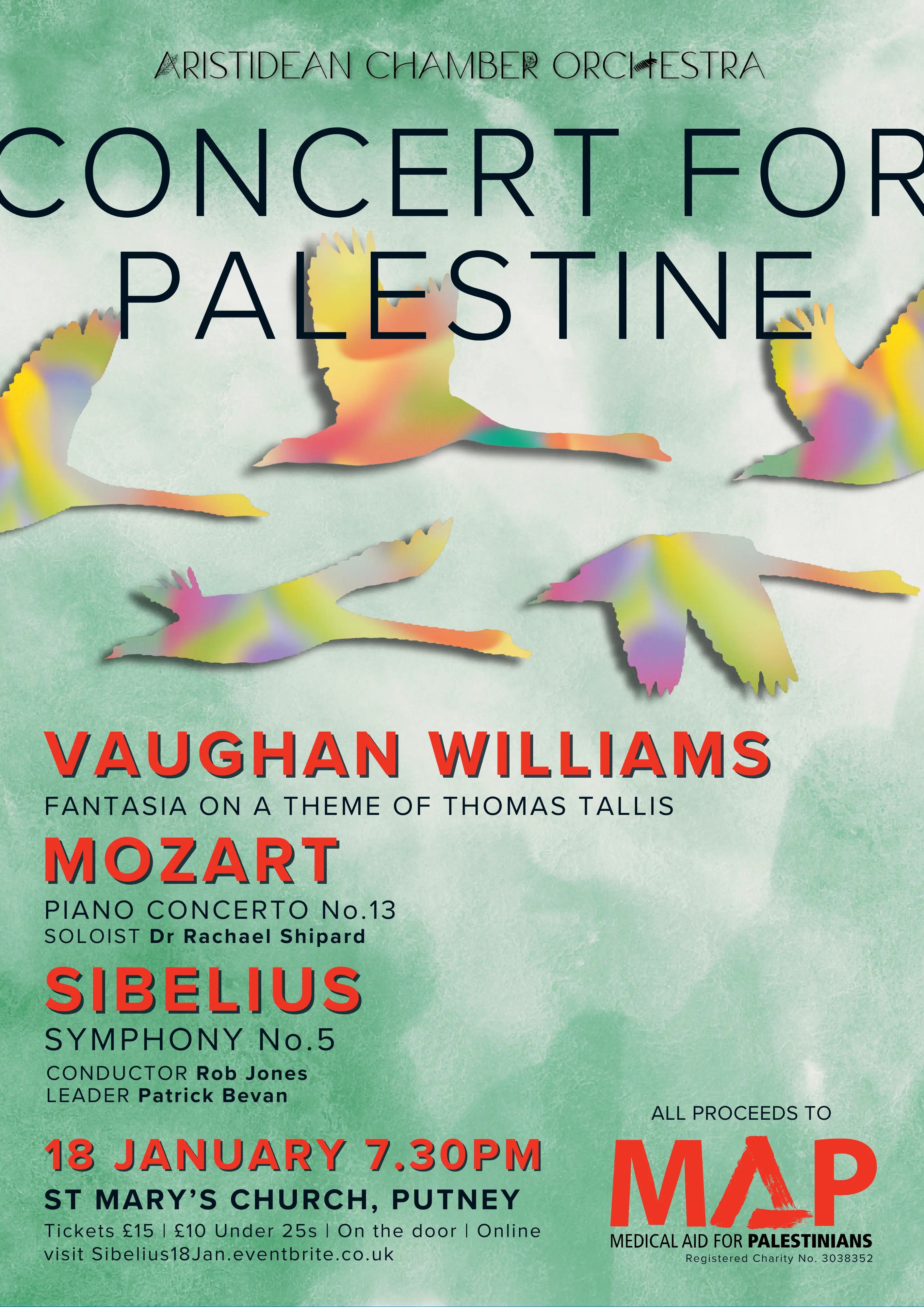 Charity Concert poster. Text: Sibelius, Vaughan Williams, and Mozart in aid of MAP, January 18 at St Mary's Church, Putney. Green, red and black with multicoloured silhouttes of swans flying.