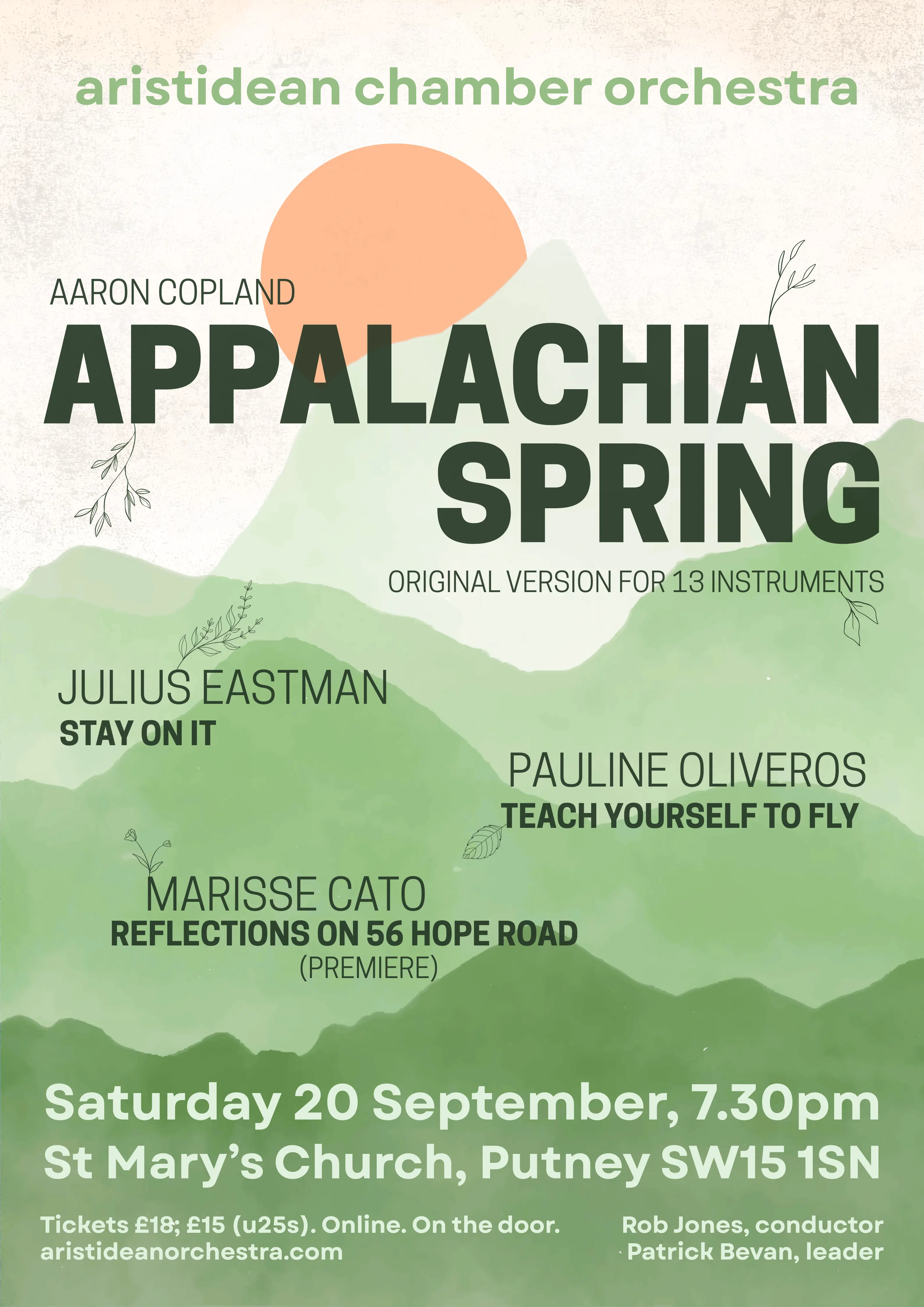 Concert poster. Text: Copland, Appalachian Spring. Alongside works by Ruth Crawford Seeger, Julius Eastman, Pauline Oliveros and Marisse Cato. September 20 at St Mary's Church, Putney. Green mountains with orange sun.