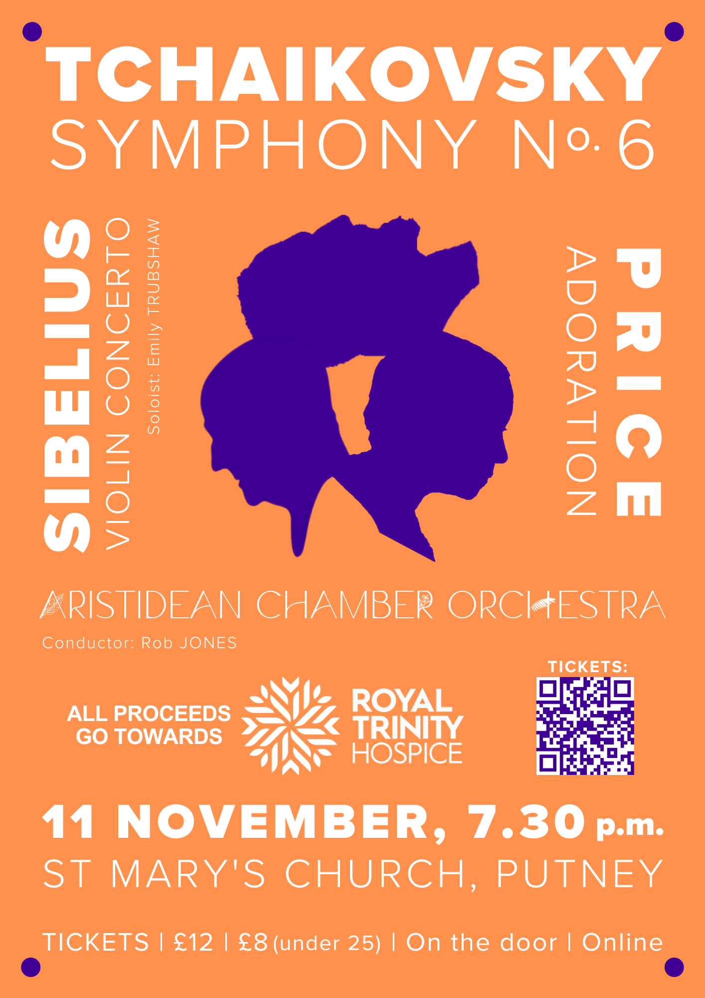 Concert Poster. White text, orange background, purple details. Tchaikovsky Symphony 6, Florence Price, Adoration, Sibelius, Violin Concerto. In aid of Royal Trinity Hospice.
